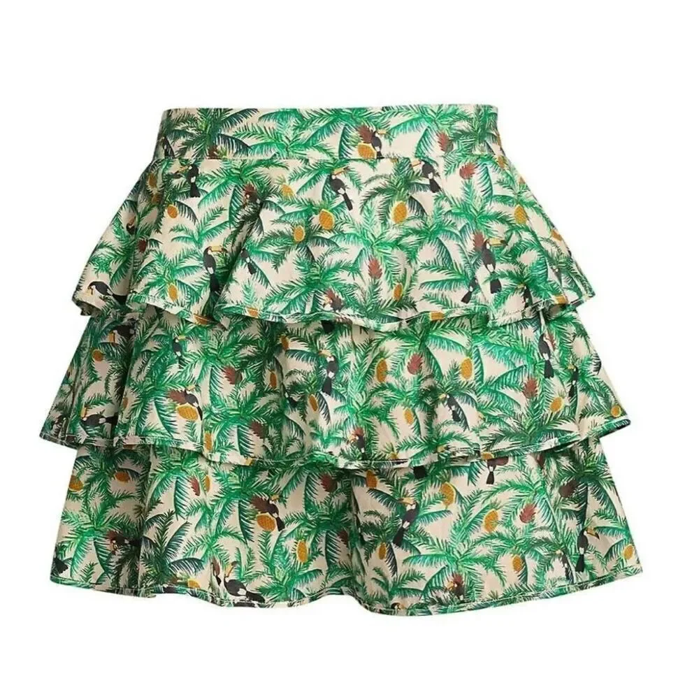 Farm Rio Tropical Toucans Print Ruffles Layered Mini Skirt Green Size Small - Picture 9 of 9